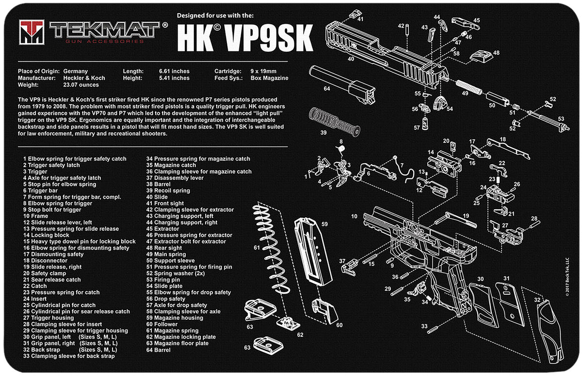 TekMat H&K VP9SK Gun Cleaning Mat with Parts Diagram Rubber 11"x17"