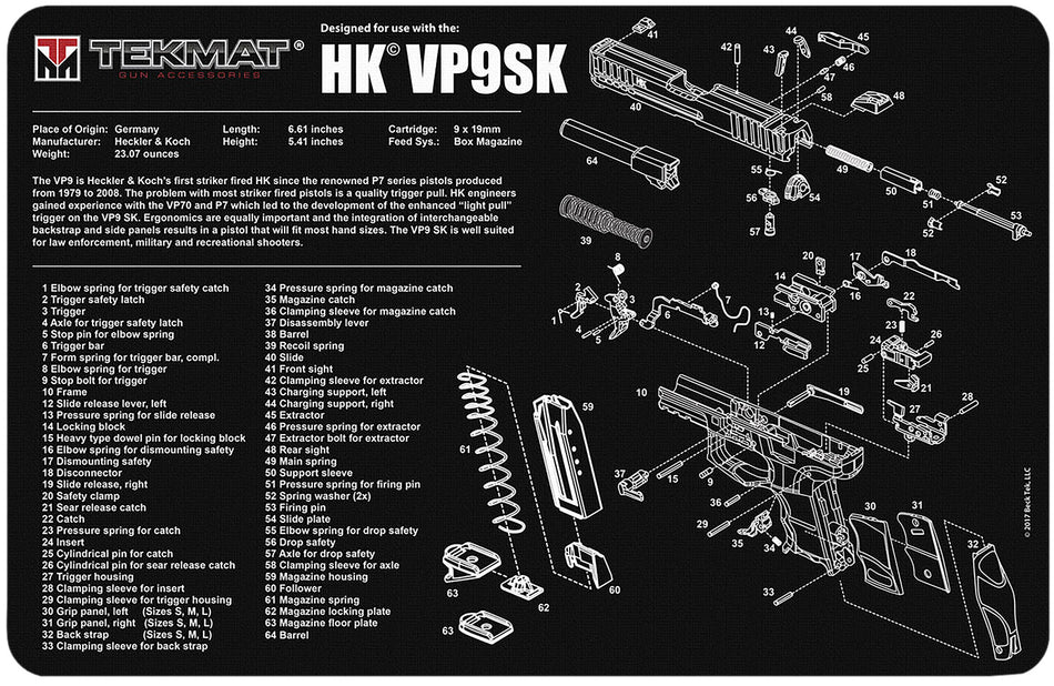 TekMat H&K VP9SK Gun Cleaning Mat with Parts Diagram Rubber 11"x17"