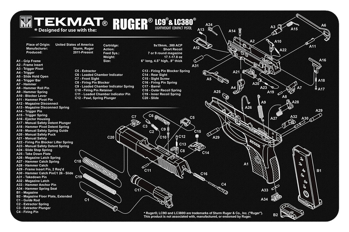 TekMat Ruger LC9 Pistol Cleaning Mat Black/White 11"x17" with Parts Illustration