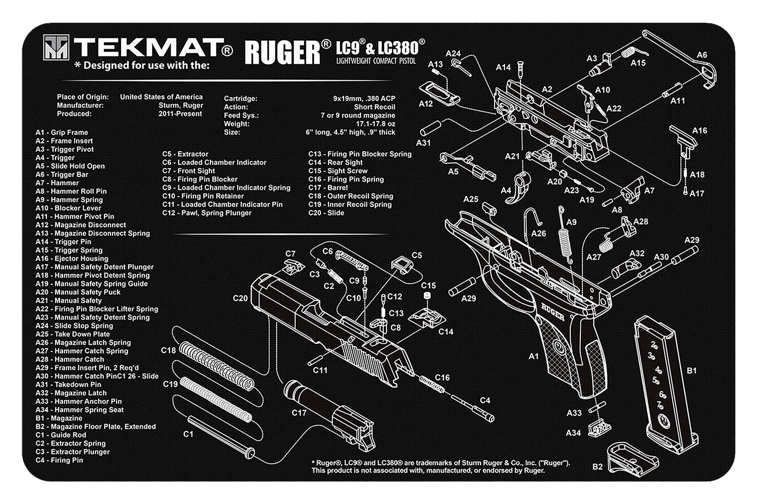 TekMat Ruger LC9 Pistol Cleaning Mat Black/White 11"x17" with Parts Illustration