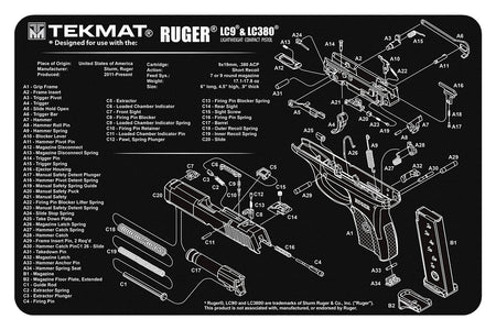 TekMat Ruger LC9 Pistol Cleaning Mat Black/White 11"x17" with Parts Illustration