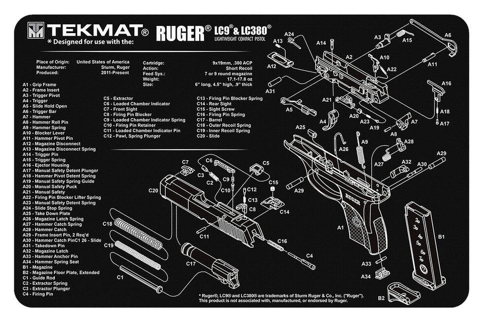 TekMat Ruger LC9 Pistol Cleaning Mat Black/White 11"x17" with Parts Illustration