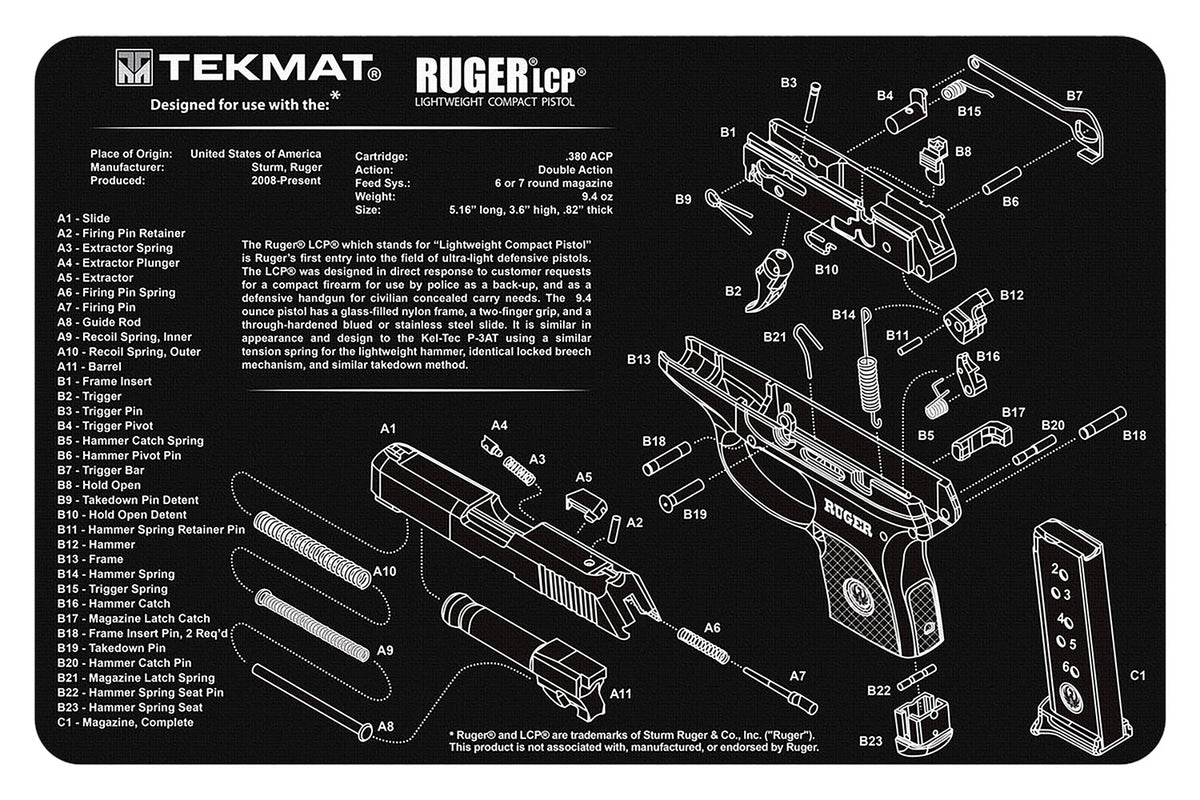 TekMat Ruger LCP Pistol Cleaning Mat Black/White 11"x17" with Parts Illustration