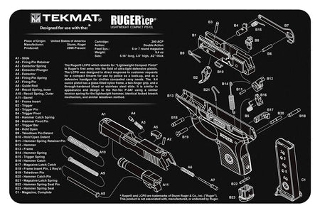 TekMat Ruger LCP Pistol Cleaning Mat Black/White 11"x17" with Parts Illustration