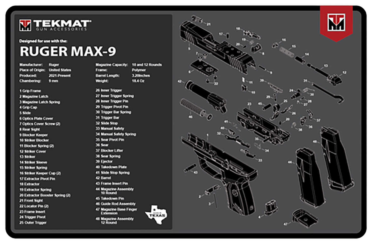 TekMat Ruger Max 9 Pistol Cleaning Mat Black/White 11"x17" with Parts Illustration