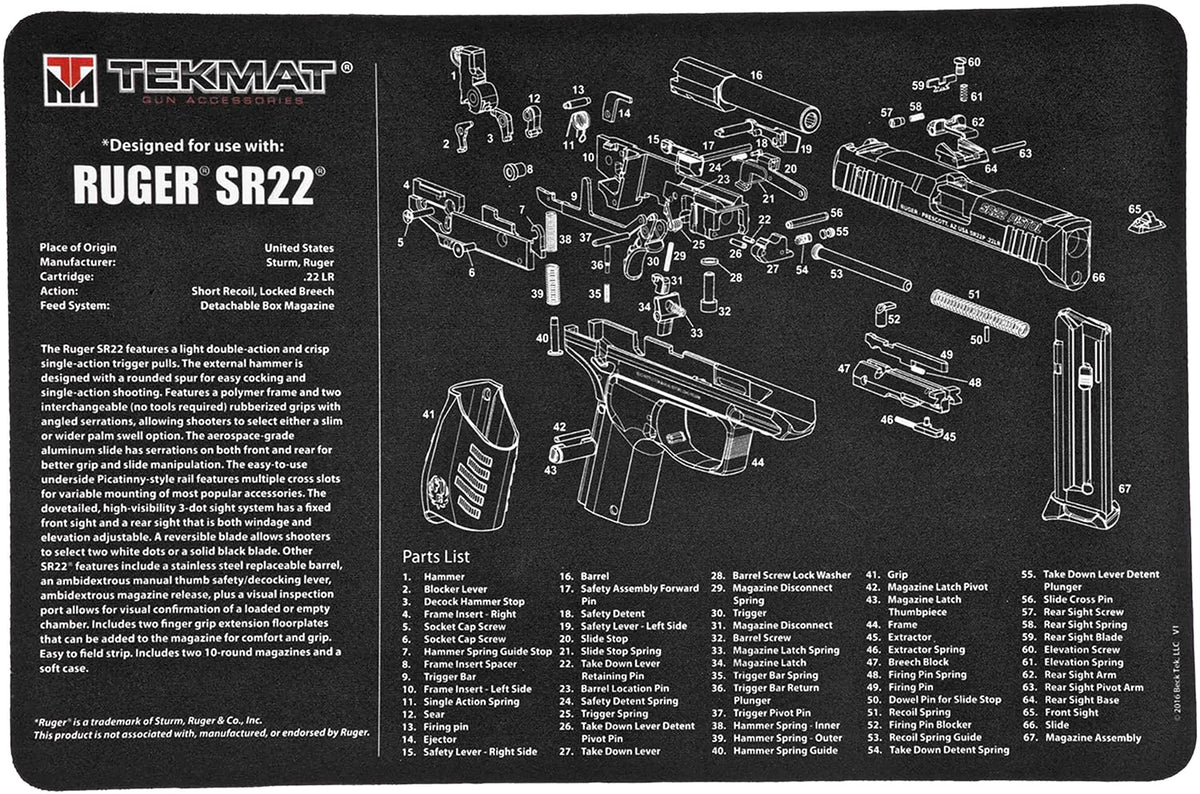 TekMat Ruger SR22 Pistol Cleaning Mat Black/White 11"x17" with Parts Illustration