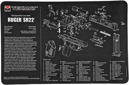 TekMat Ruger SR22 Pistol Cleaning Mat Black/White 11"x17" with Parts Illustration