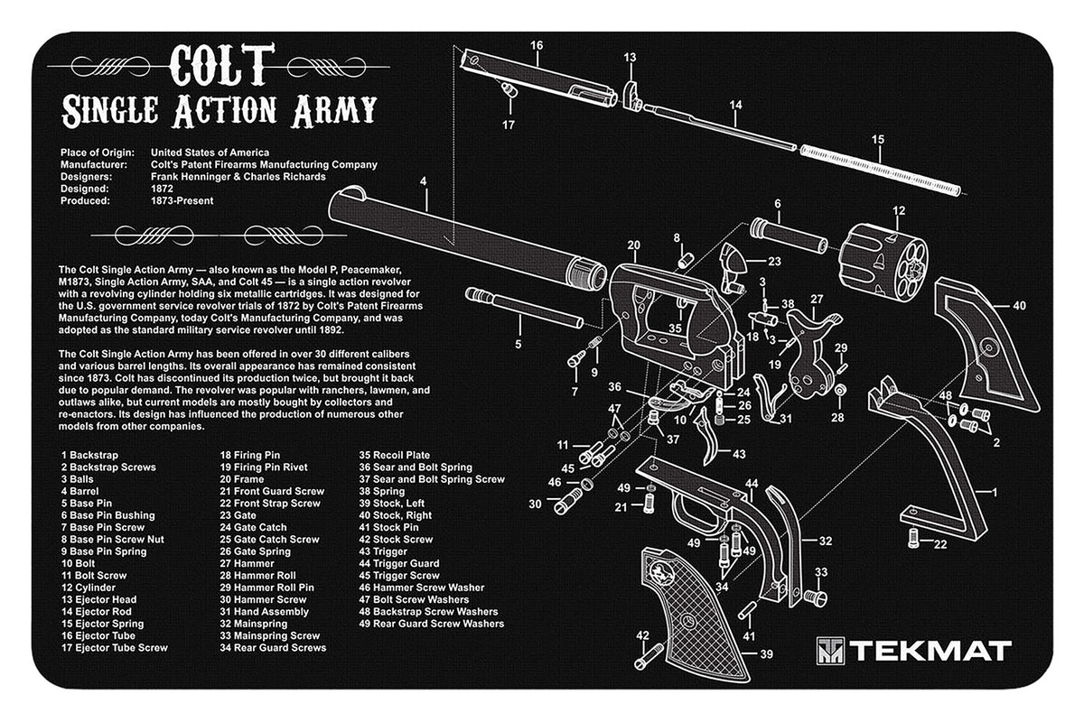 TekMat Colt Revolver Army Cleaning Mat Black/White 11"x17" with Parts Illustration