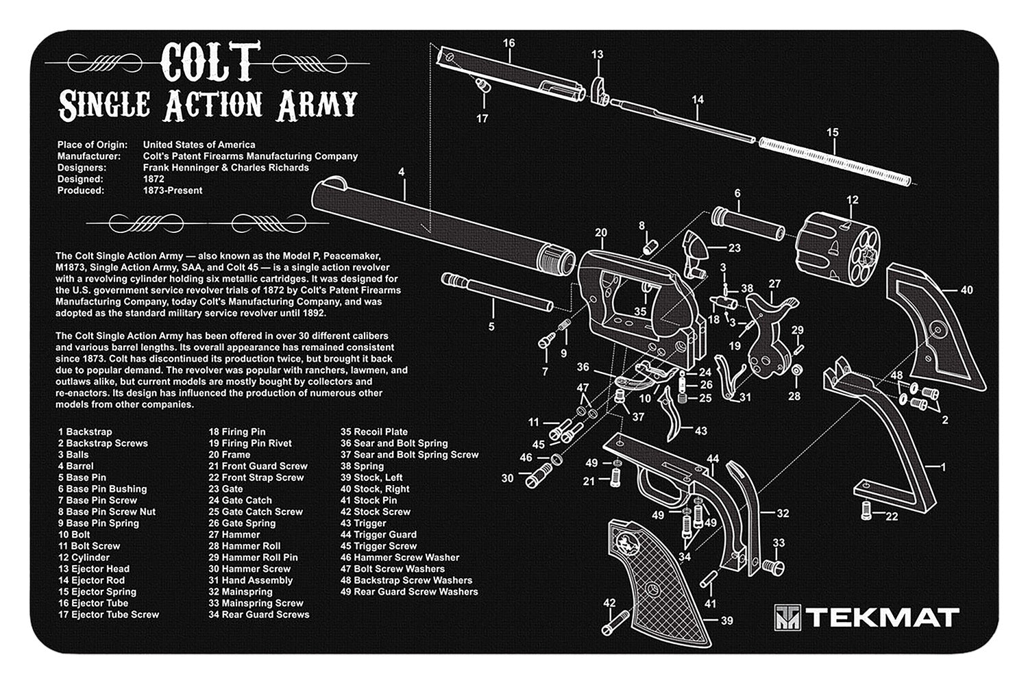 TekMat Colt Revolver Army Cleaning Mat Black/White 11"x17" with Parts Illustration