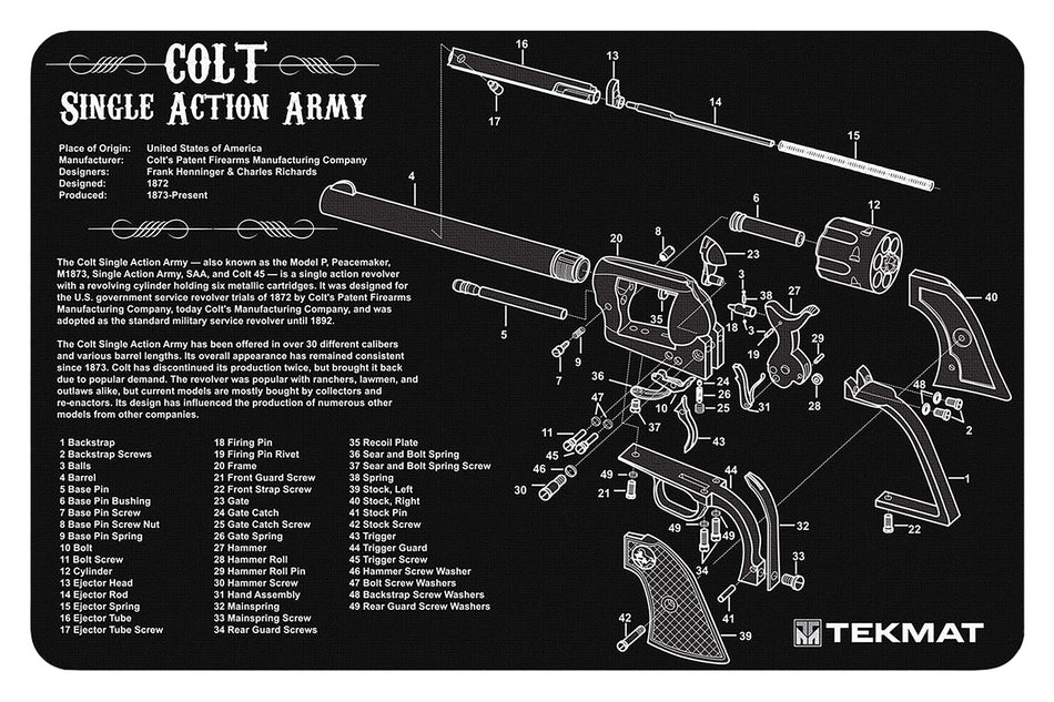 TekMat Colt Revolver Army Cleaning Mat Black/White 11"x17" with Parts Illustration