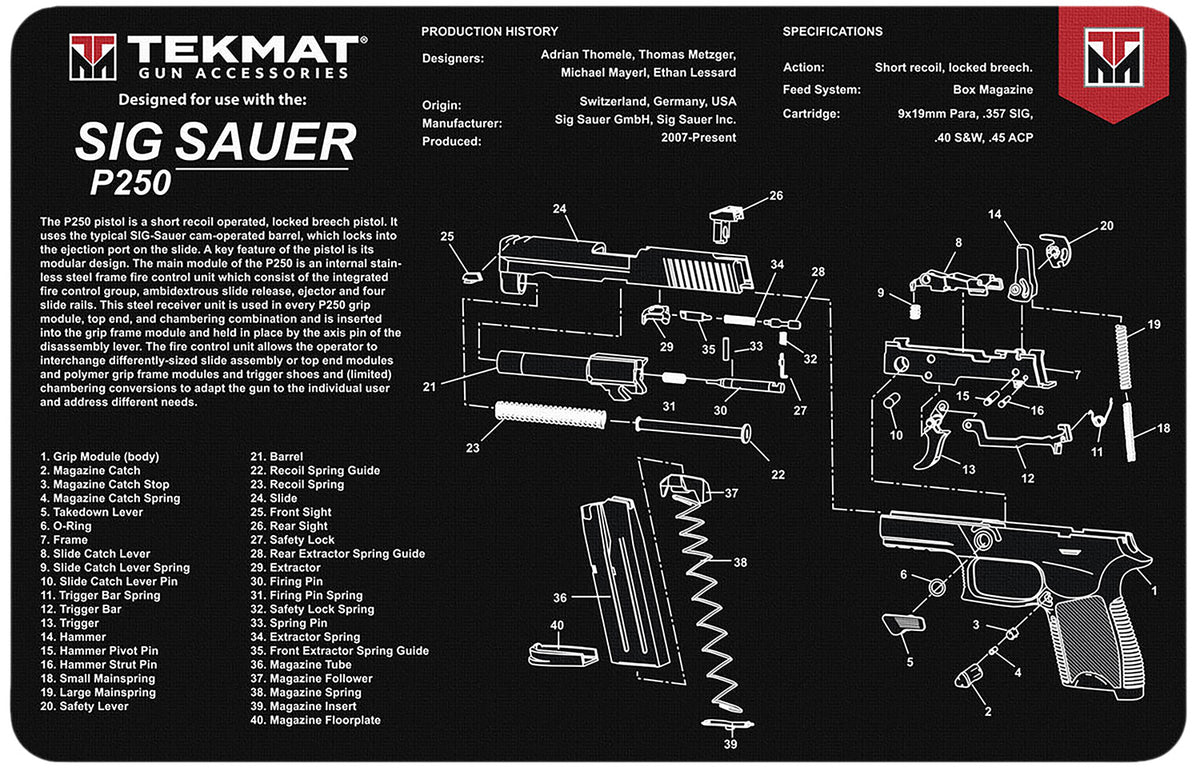 TekMat Sig Sauer P250 Pistol Cleaning Mat Black/White 11"x17" with Parts Illustration