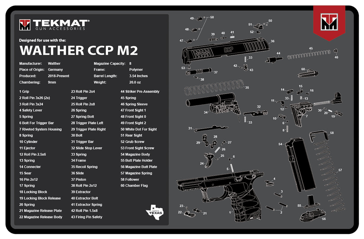 TekMat Walther CCP M2 Pistol Cleaning Mat Black/White 11"x17" with Parts Illustration
