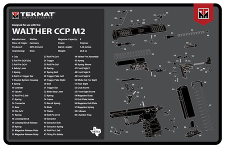 TekMat Walther CCP M2 Pistol Cleaning Mat Black/White 11"x17" with Parts Illustration