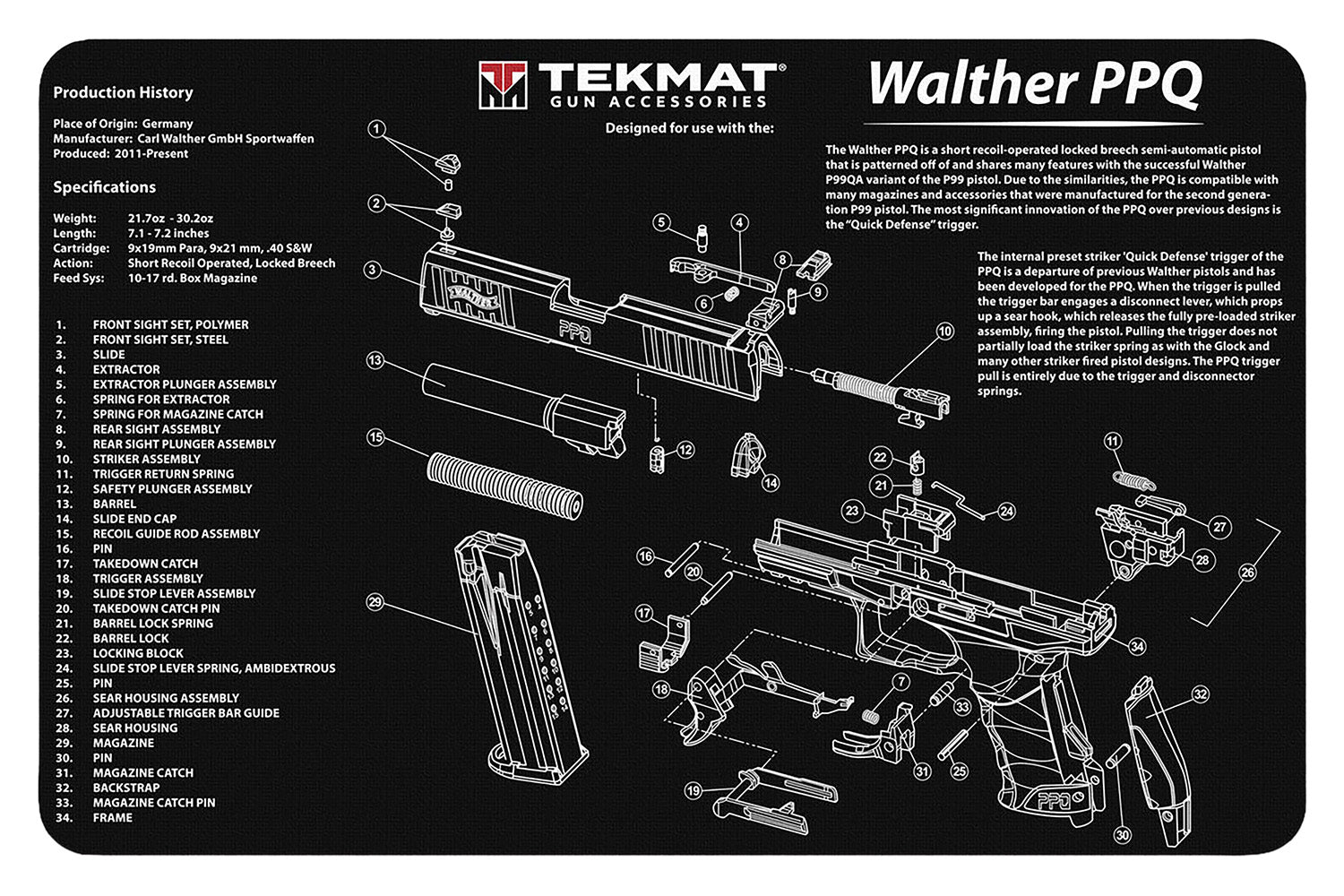 TekMat Walther PPQ Pistol Cleaning Mat Black/White 11"x17" with Parts Illustration