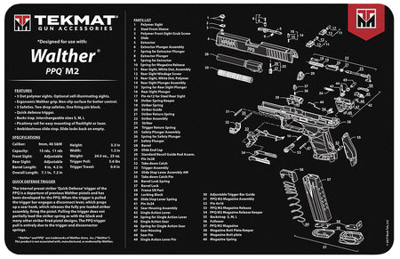 TekMat Walther PPQ MOD 2 Pistol Cleaning Mat Black/White 11"x17" with Parts Illustration