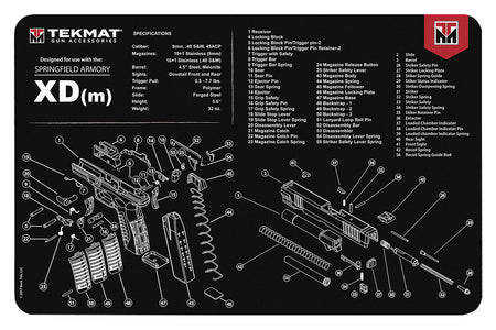 TekMat Springfield Armory XDm Pistol Cleaning Mat Black/White 11"x17" with Parts Illustration