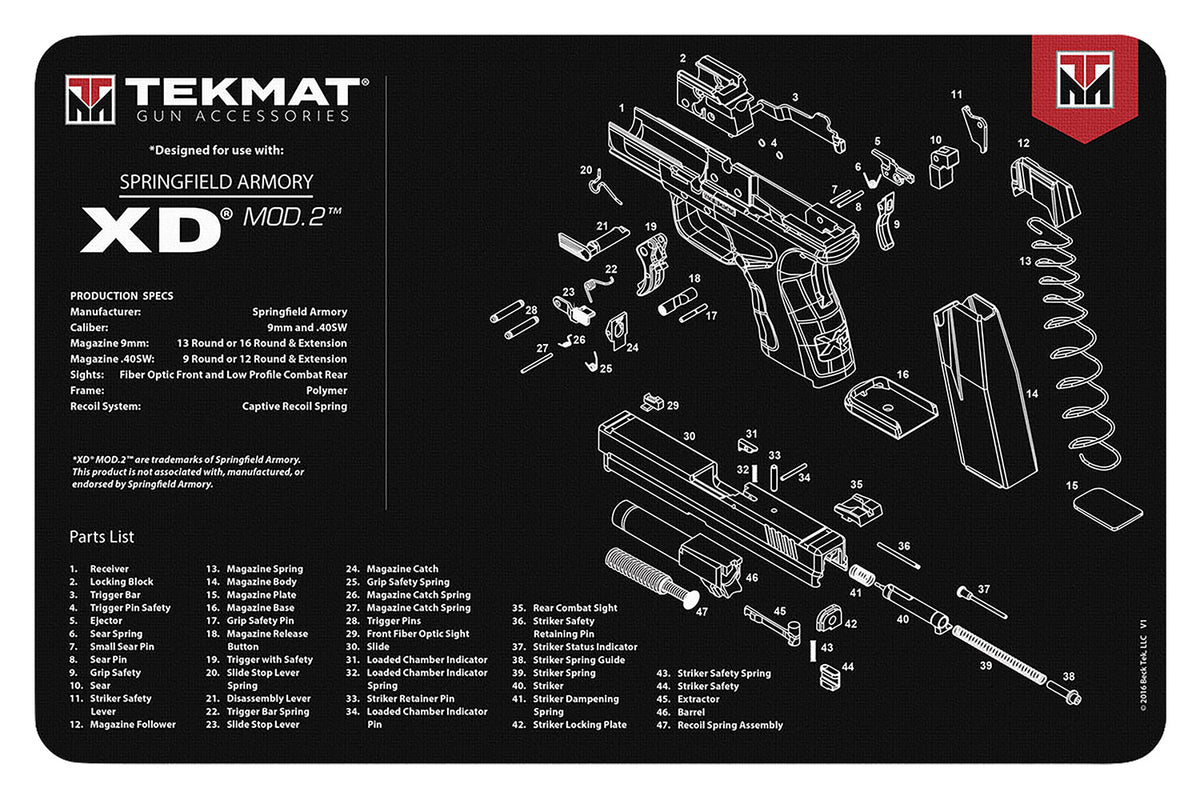 TekMat Springfield Armory XD MOD 2 Pistol Cleaning Mat Black/White 11"x17" with Parts Illustration