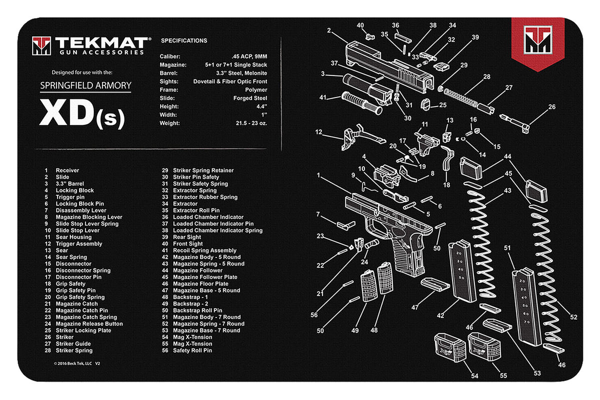 TekMat Springfield Armory XDs Pistol Cleaning Mat Black/White 11"x17" with Parts Illustration
