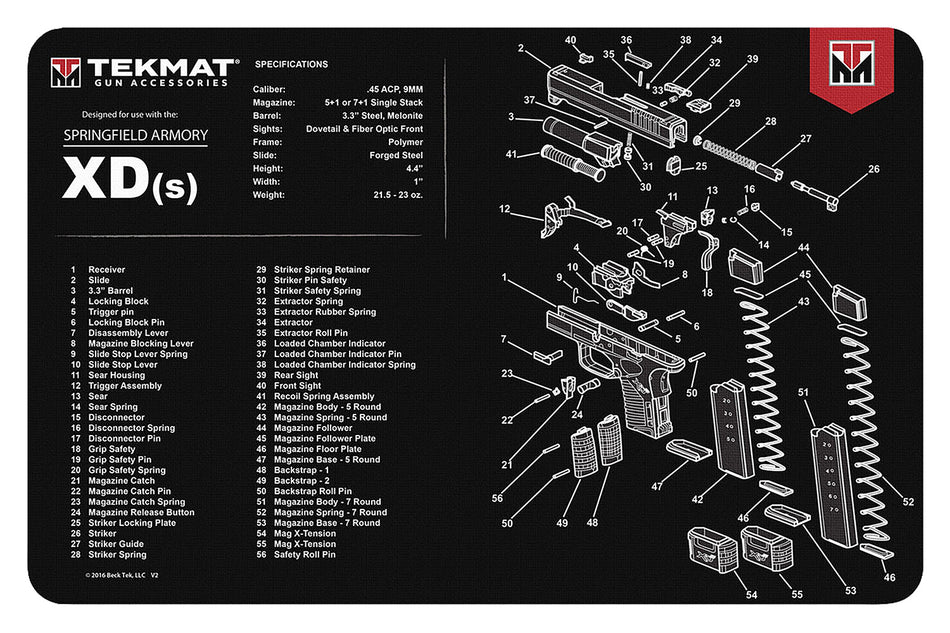 TekMat Springfield Armory XDs Pistol Cleaning Mat Black/White 11"x17" with Parts Illustration
