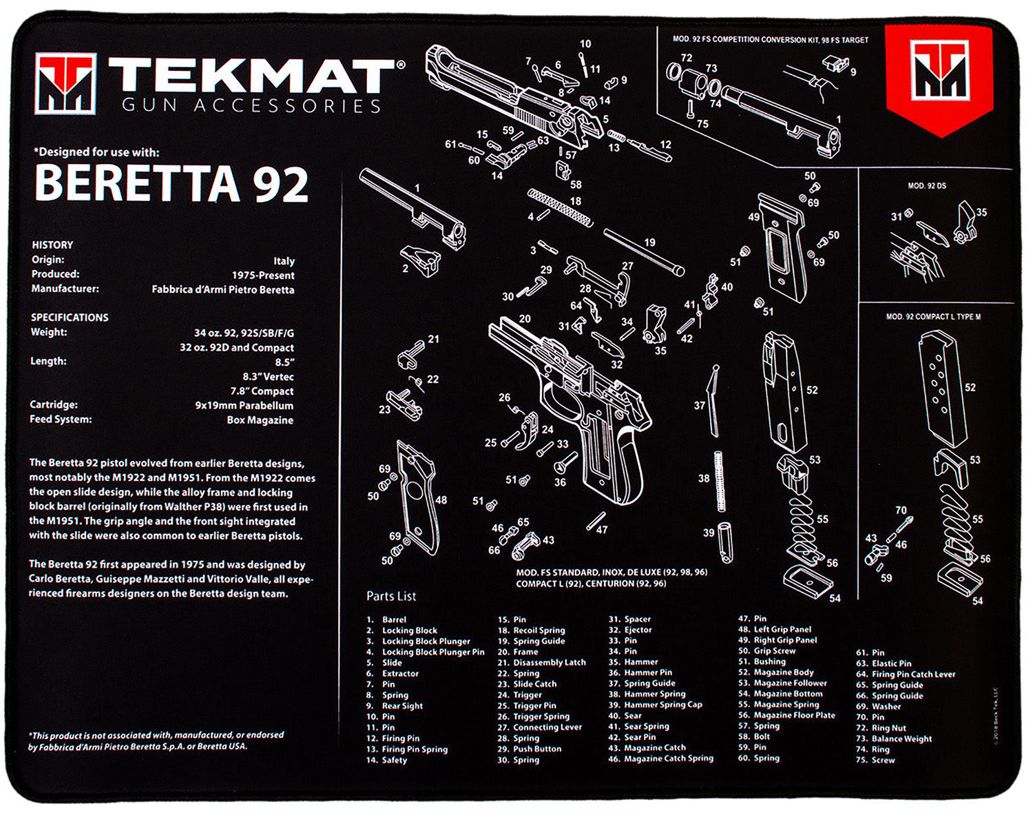 TekMat Beretta 92 Pistol Ultra 20 Cleaning Mat Black/White 15"x20" with Parts Illustration