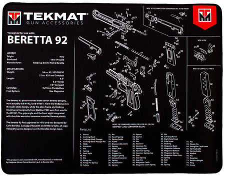 TekMat Beretta 92 Pistol Ultra 20 Cleaning Mat Black/White 15"x20" with Parts Illustration