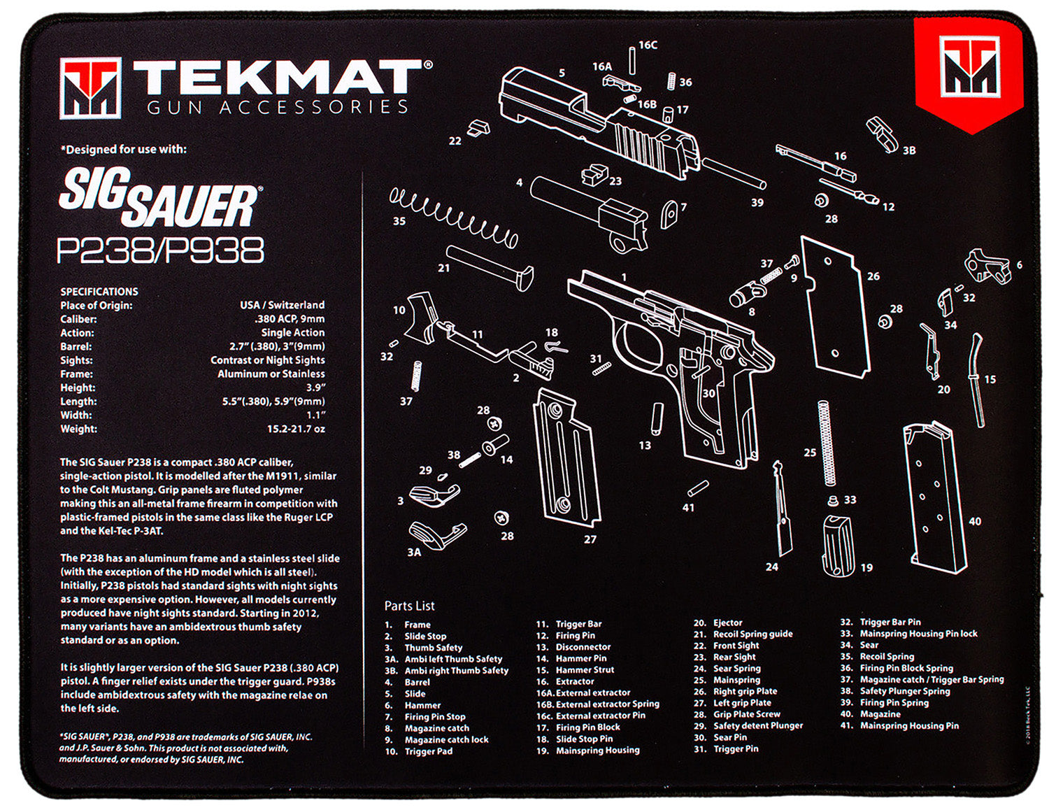 TekMat Sig Sauer P238 Pistol Ultra 20 Cleaning Mat Black/White 15"x20" with Parts Illustration