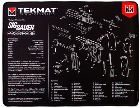 TekMat Sig Sauer P238 Pistol Ultra 20 Cleaning Mat Black/White 15"x20" with Parts Illustration