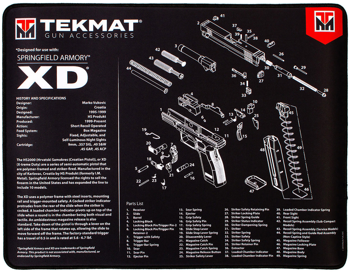 TekMat Springfield Armory XD Pistol Ultra 20 Cleaning Mat Black/White 15"x20" with Parts Illustration
