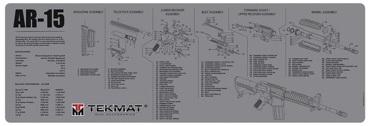 TekMat AR-15 Rifle Cleaning Mat Gray Rubber 12"x36" with Parts Illustration