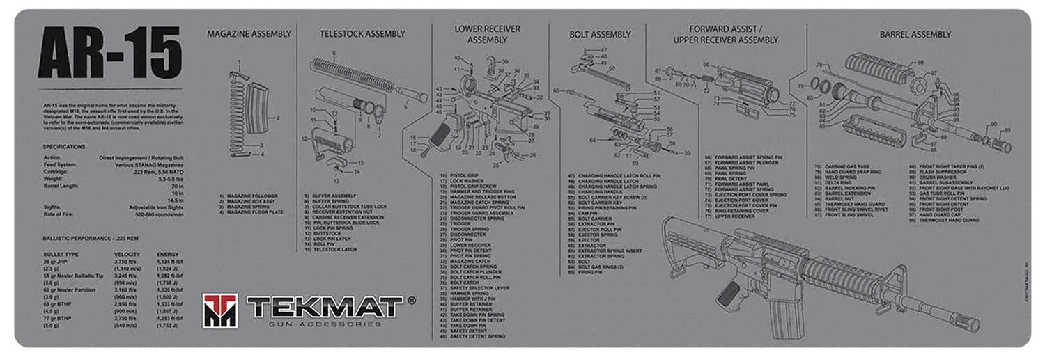TekMat AR-15 Rifle Cleaning Mat Gray Rubber 12"x36" with Parts Illustration