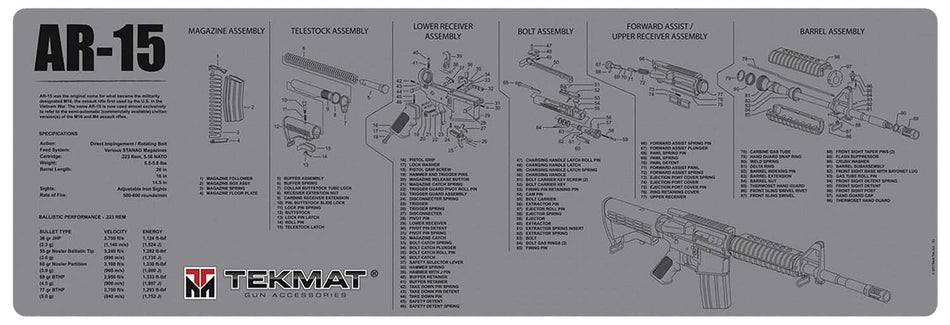 TekMat AR-15 Rifle Cleaning Mat Gray Rubber 12"x36" with Parts Illustration