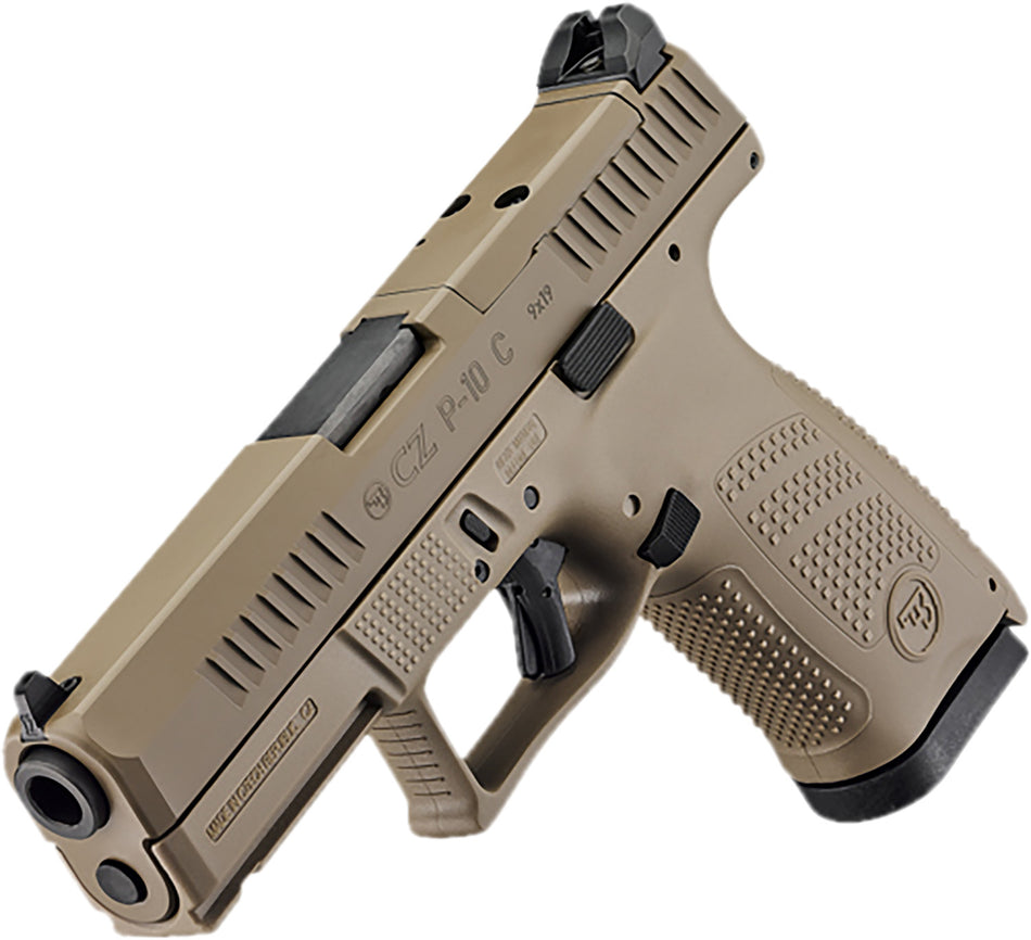 CZ-USA 91577 P-10 C Compact Frame 9mm Luger 15+1 4.02" Black Stainless Steel Barrel, Black Nitride Serrated Steel Slide, Flat Dark Earth Polymer Frame w/Picatinny Rail, Interchangeable Backstrap Grip