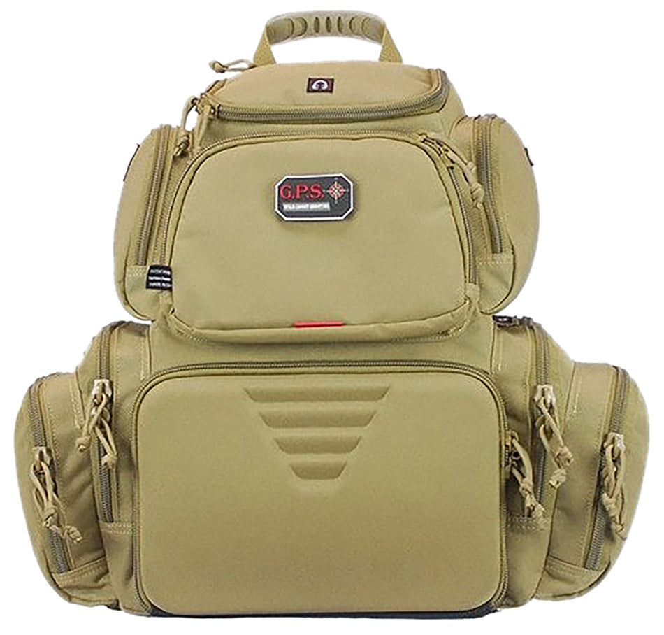 GPS Handgunner Tan 1000D Nylon Backpack Foam Cradle Lockable Zippers 4 Handguns