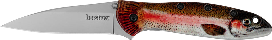 Kershaw Leek Trout Edition EDC Folding Knife 1660TROUT, 3" Drop Point Bead Blasted Blade with Trout UFI Aluminum Handle