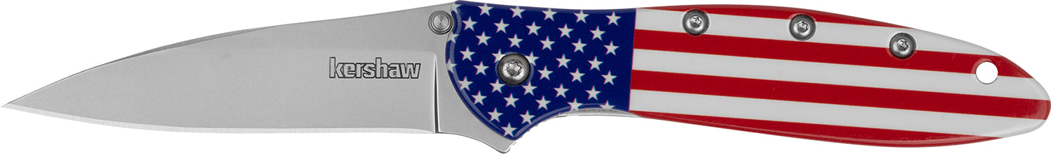 Kershaw Leek USA Flag EDC Folding Knife 1660USA, 3" Drop Point Bead Blasted Blade with Patriotic Aluminum Handle
