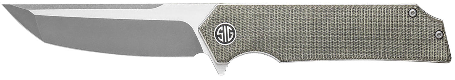 Tsuru Folding Knife by Sig Sauer, 3.30" Satin 154CM Tanto Blade, Green Canvas Micarta