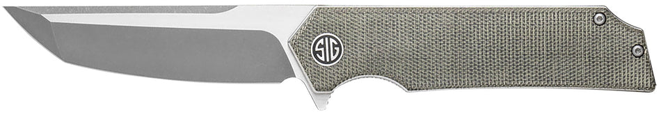 Tsuru Folding Knife by Sig Sauer, 3.30" Satin 154CM Tanto Blade, Green Canvas Micarta