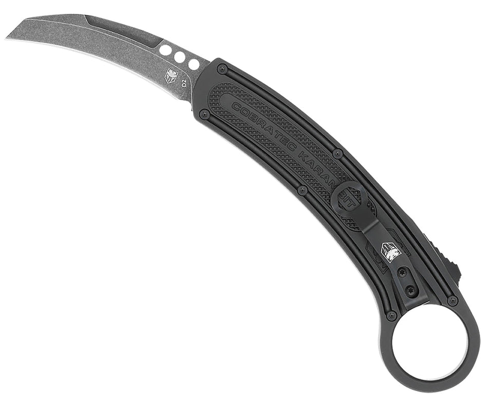 CobraTec Knives Karambit 2.75" Folding Stonewashed D2 Blade Black Aluminum Handle with Retention Ring