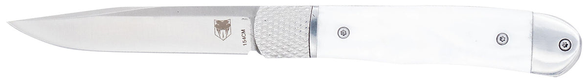 CobraTec CTTHRWTABA154CM Trapper Small 3.13" Auto Folding Knife 154CM SS Blade White Abalone Scales w/Clip