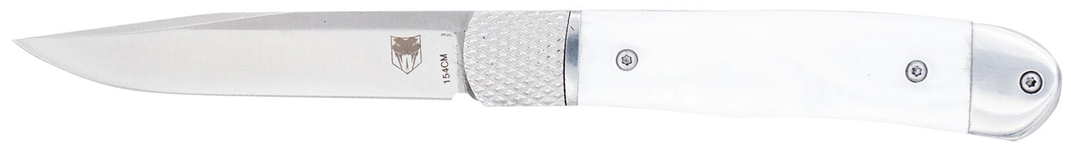 CobraTec CTTHRWTABA154CM Trapper Small 3.13" Auto Folding Knife 154CM SS Blade White Abalone Scales w/Clip