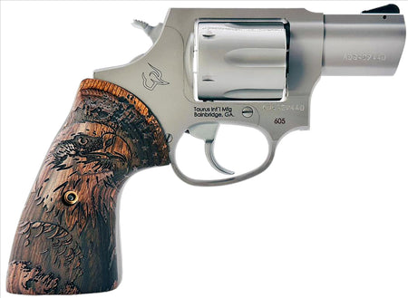 Taurus 2-605029-US2 605 Small 357 Mag/38 Special +P 5 Shot 2" Matte Stainless Steel Barrel & Frame, Polished Cylinder, Custom Designed Wood Grip w/Eagle, Transfer Bar Safety, Exposed Hammer