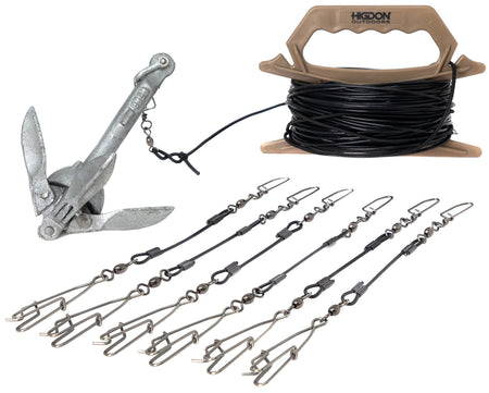 Higdon 30340 Battleship Jerk Rig Steel Cable PVC Coated Six Decoy Clips and Grapnel Anchor