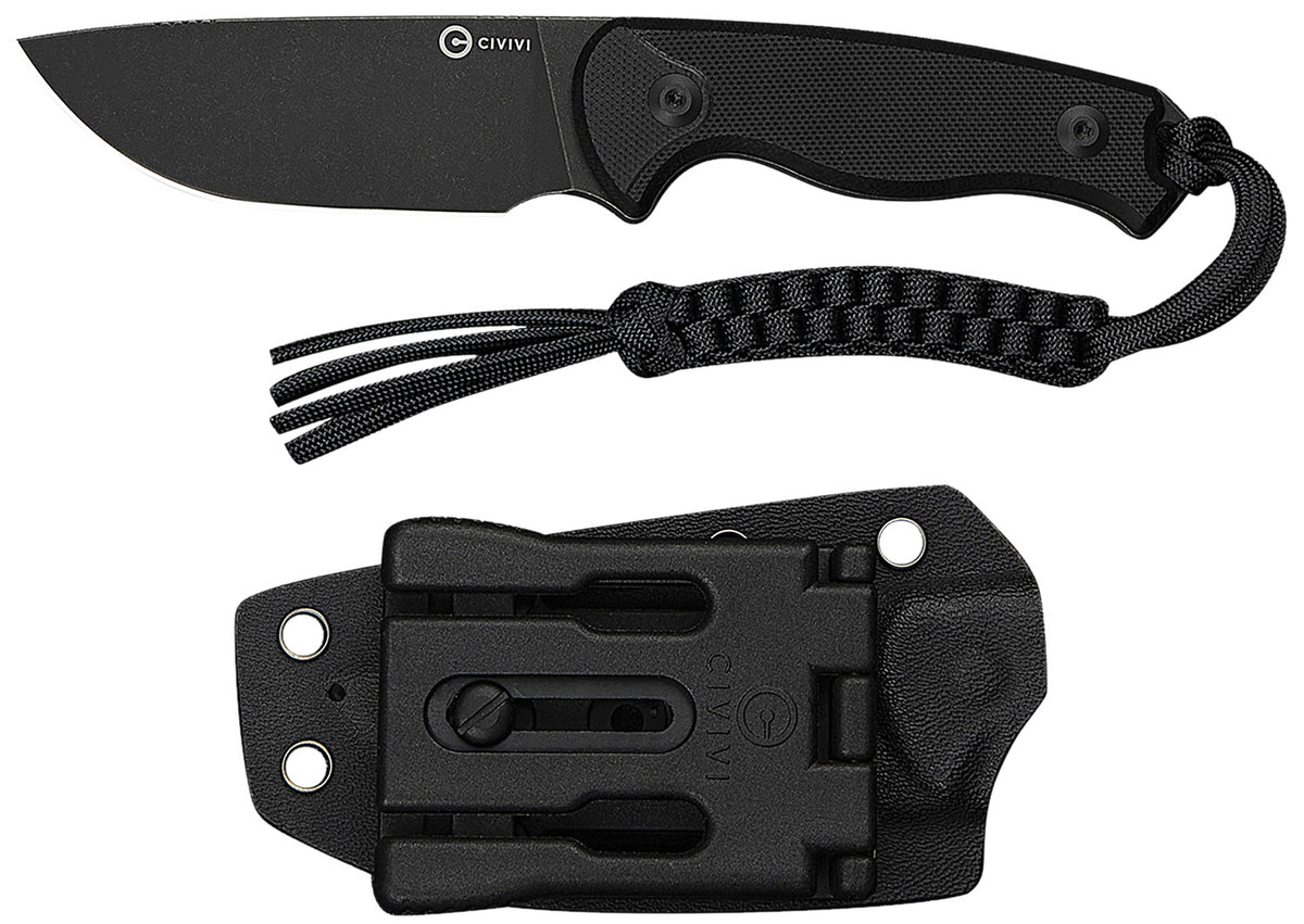 Civivi Timberbark 3.20" Fixed Drop Point Black Stonewashed 14C28N Blade Black G10 Handle Kydex Sheath and Paracord Lanyard