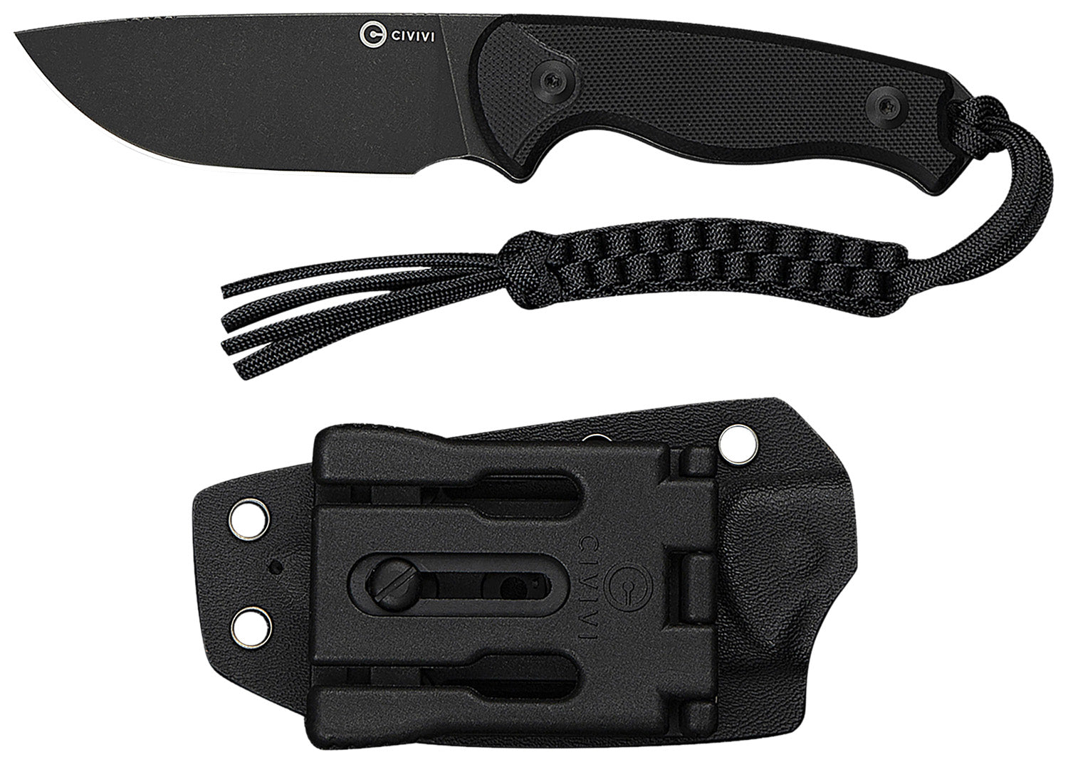 Civivi Timberbark 3.20" Fixed Drop Point Black Stonewashed 14C28N Blade Black G10 Handle Kydex Sheath and Paracord Lanyard