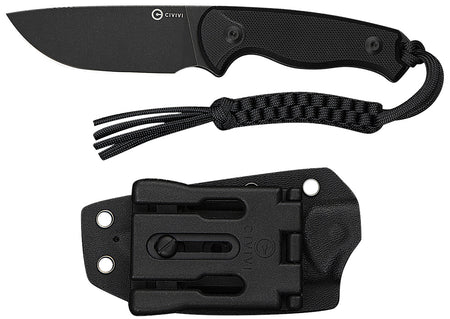 Civivi Timberbark 3.20" Fixed Drop Point Black Stonewashed 14C28N Blade Black G10 Handle Kydex Sheath and Paracord Lanyard