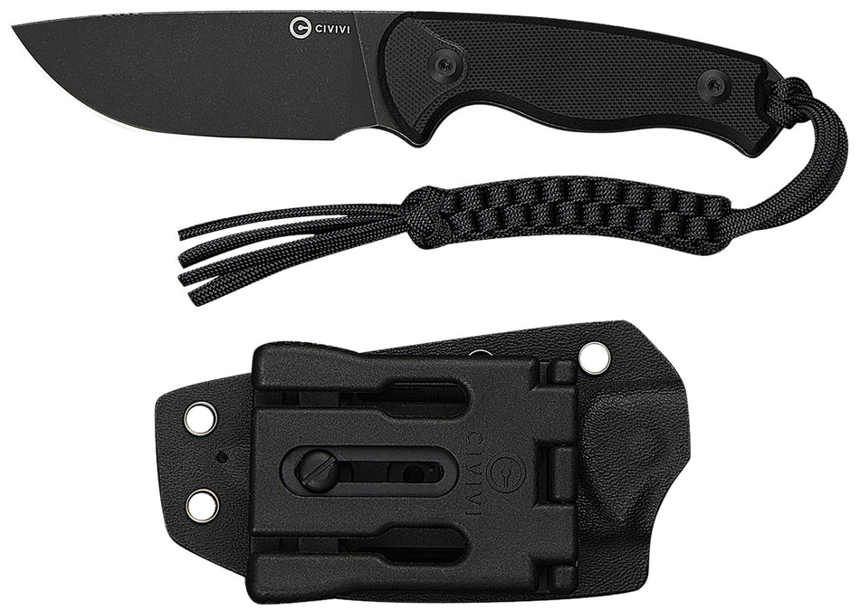 Civivi Timberbark 3.20" Fixed Drop Point Black Stonewashed 14C28N Blade Black G10 Handle Kydex Sheath and Paracord Lanyard