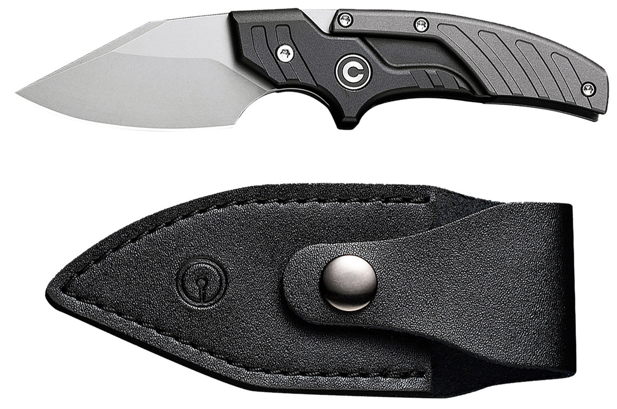 Civivi Typhoeus Adjustable Fixed Blade Knife 2.27" 14C28N Stonewashed Blade, Black/Gray Aluminum Handle, Leather Sheath Included
