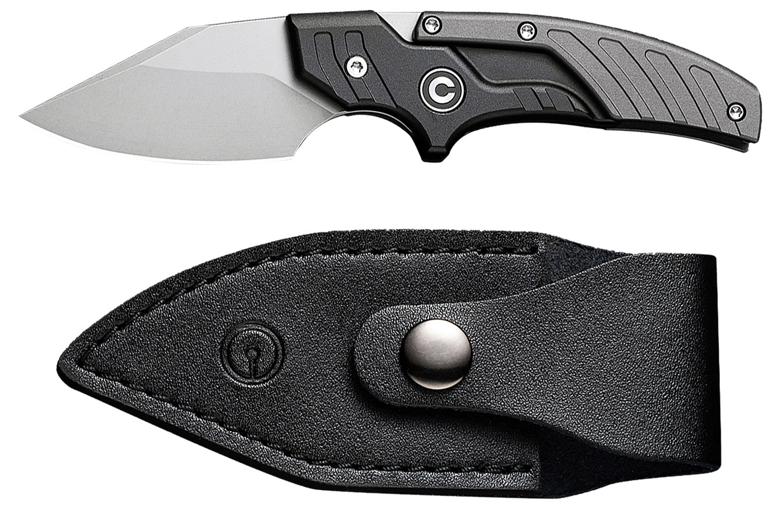 Civivi Typhoeus Adjustable Fixed Blade Knife 2.27" 14C28N Stonewashed Blade, Black/Gray Aluminum Handle, Leather Sheath Included