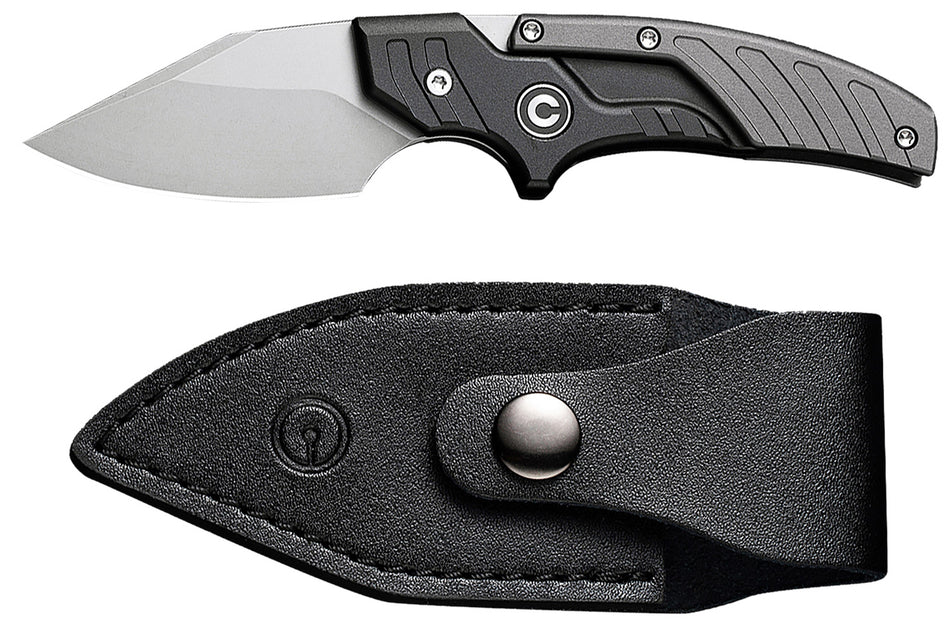 Civivi Typhoeus Adjustable Fixed Blade Knife 2.27" 14C28N Stonewashed Blade, Black/Gray Aluminum Handle, Leather Sheath Included