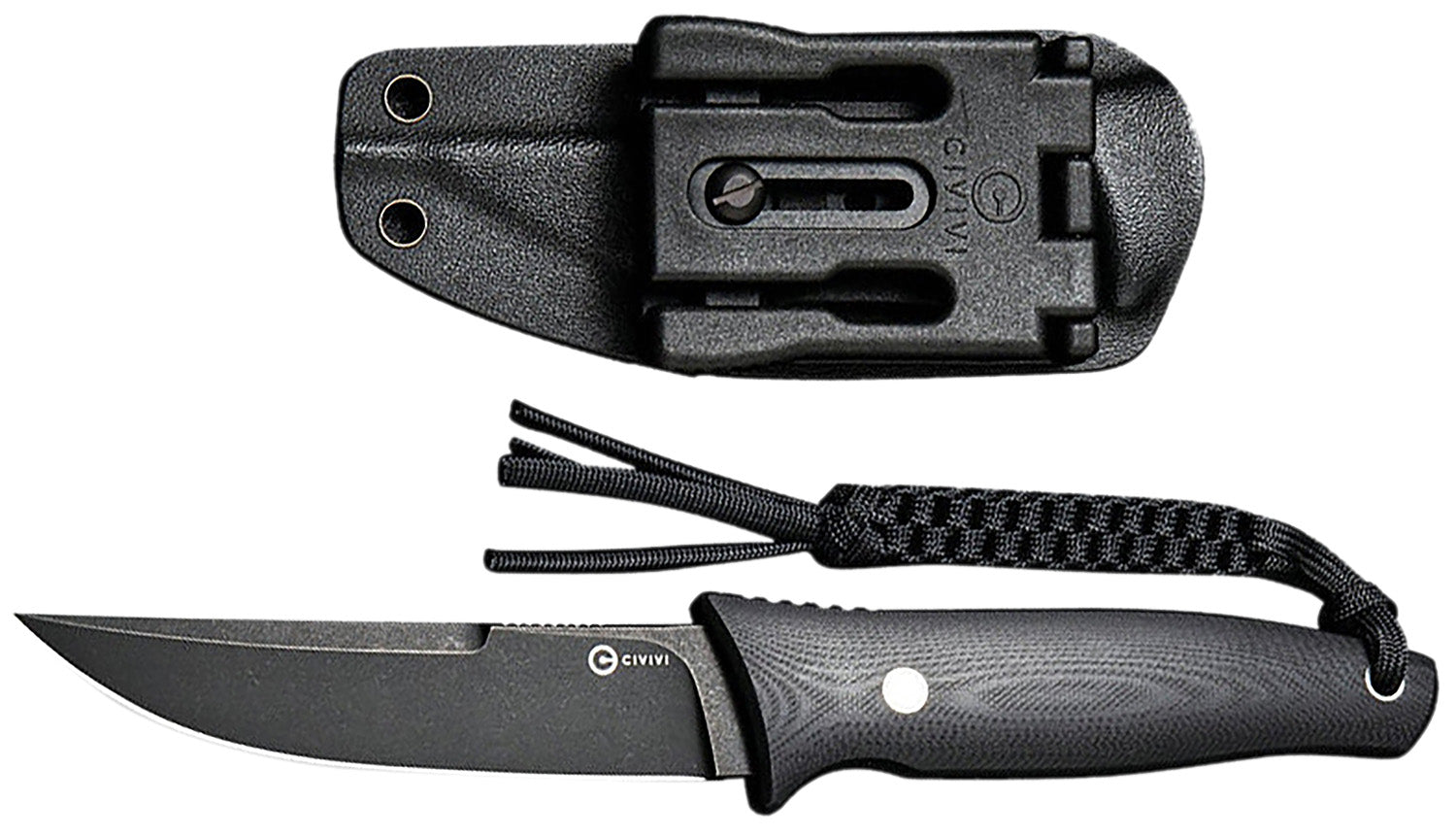 Civivi Tamashii 4.07" Fixed Blade C19046-3 Black Stonewashed D2 Steel Black Textured G10 Handle Paracord Lanyard